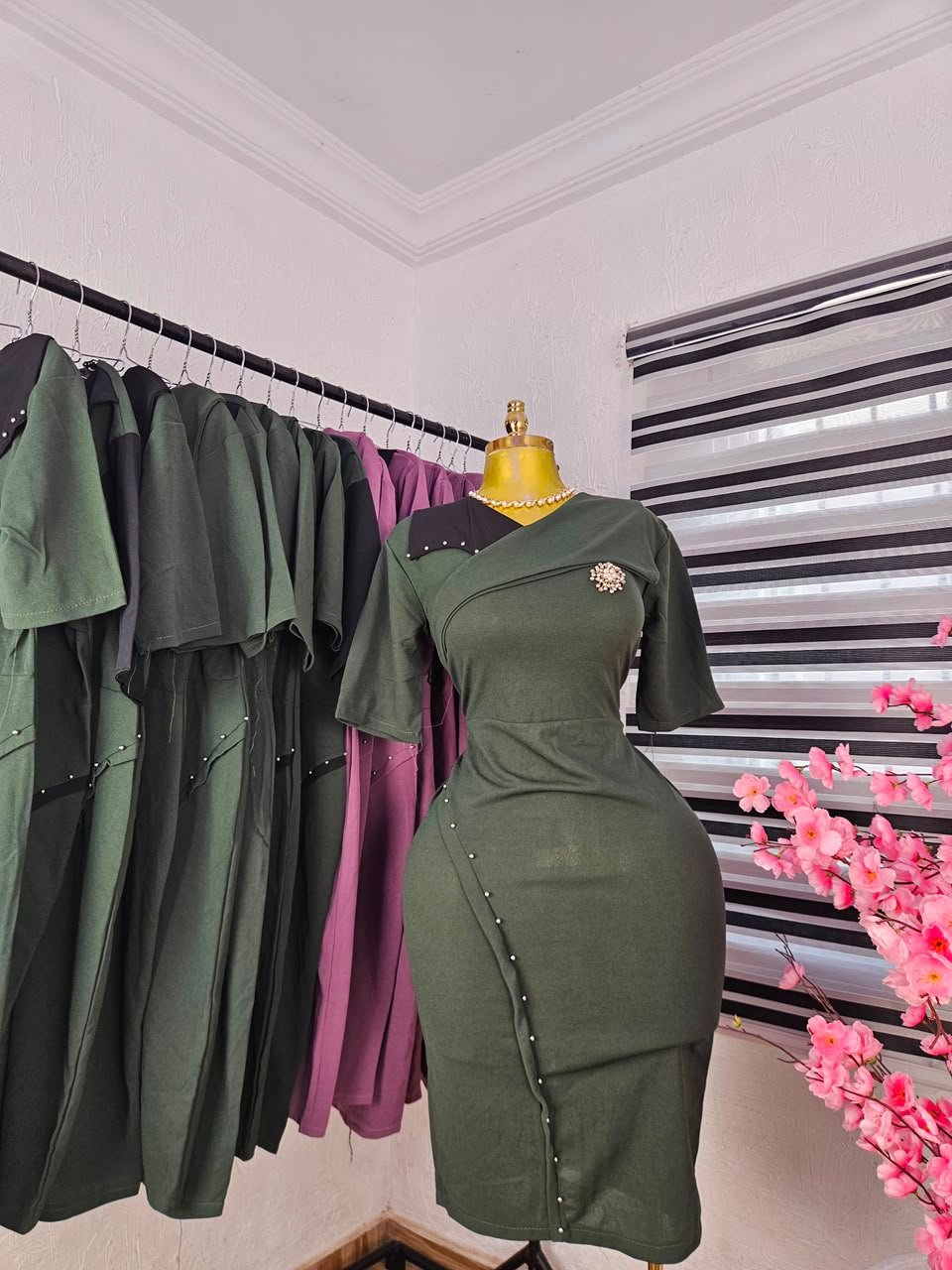 puk b4 womens corporate dress with pearl studs and fold collar olive green Women's Corporate Dress with Pearl Studs and Fold Collar in Olive Green — Pels Unisex Kloset