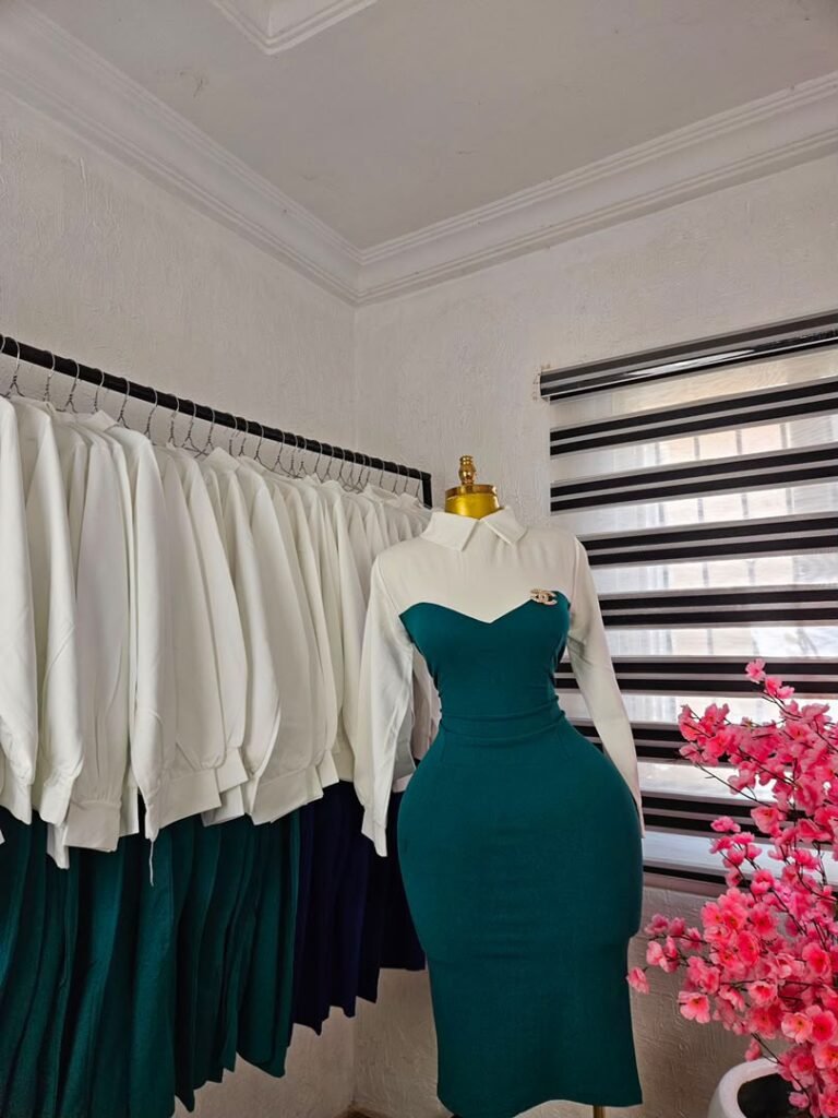 Women's Corporate Dress with White Collar and Sleeves in Teal — Pels Unisex Kloset