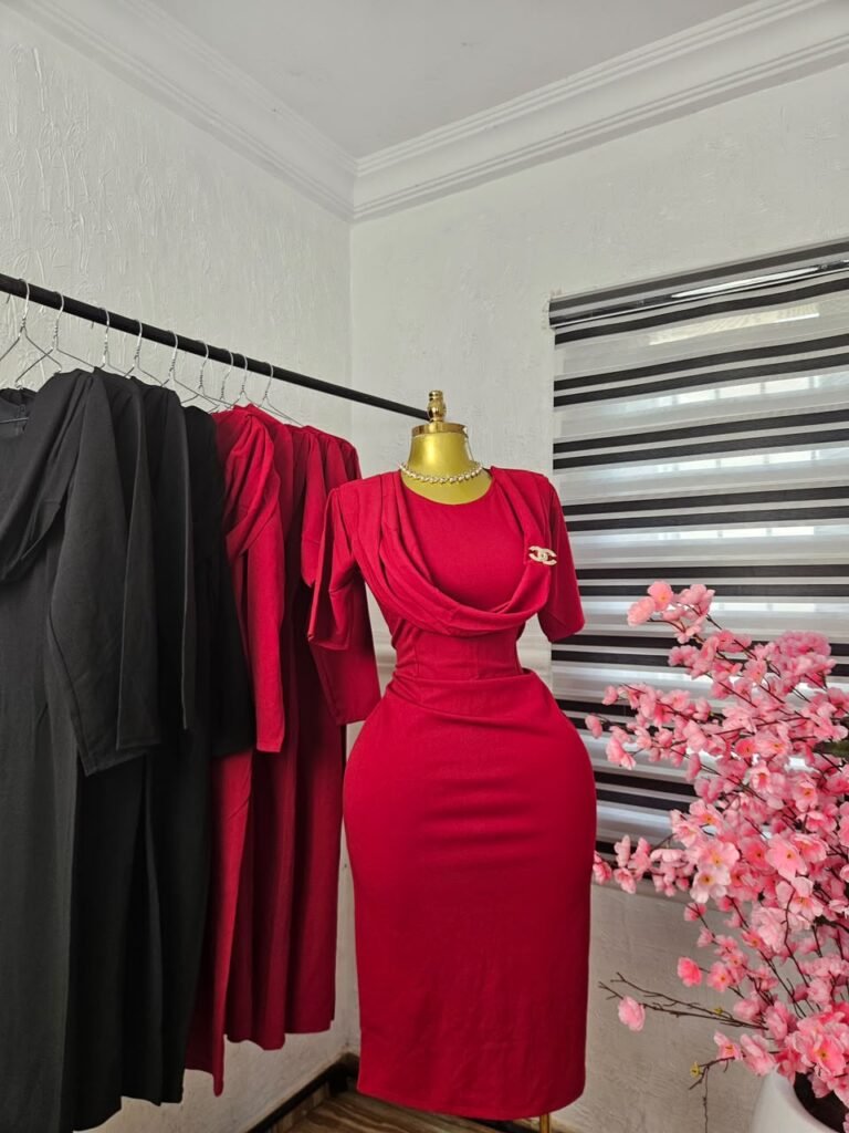 Women's Crimson Corporate Dress with Draped Cowl Bust — Pels Unisex Kloset
