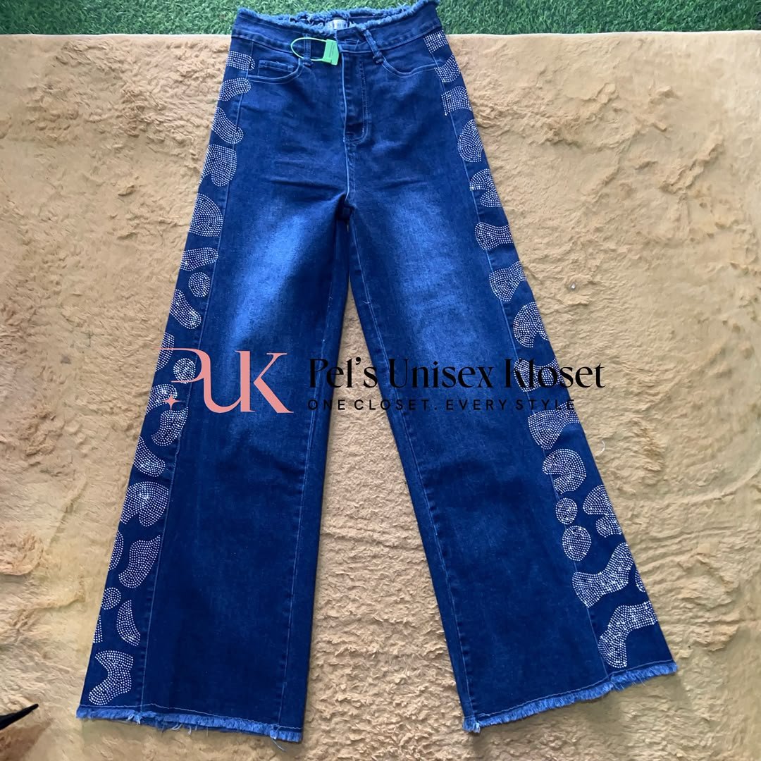 puk b4 womens dark blue baggy jeans with rhinestone leopard panels Women's Dark Blue Baggy Jeans with Rhinestone Leopard Panels — Pels Unisex Kloset