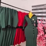 Women's Dark Green Corporate Dress with Black Lapel Collar — Pels Unisex Kloset