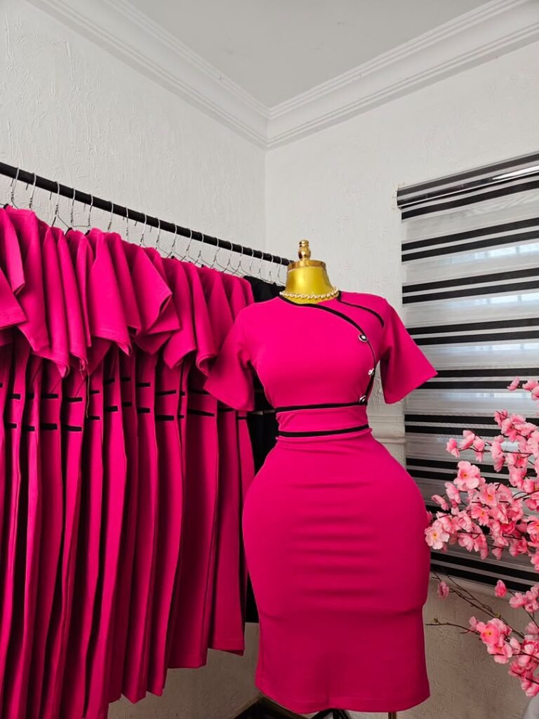 Women's Fuchsia Corporate Dress with Black Trim and Flutter Sleeves — Pels Unisex Kloset