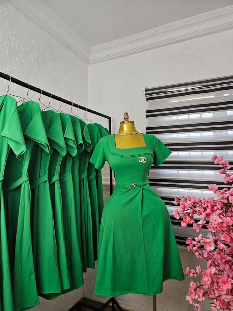 Women's Green Flared Corporate Dress with Belt Detail — Pels Unisex Kloset