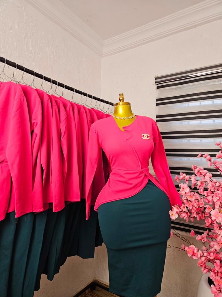 Women's Hot Pink Peplum Top and Teal Pencil Skirt Two Piece Set — Pels Unisex Kloset