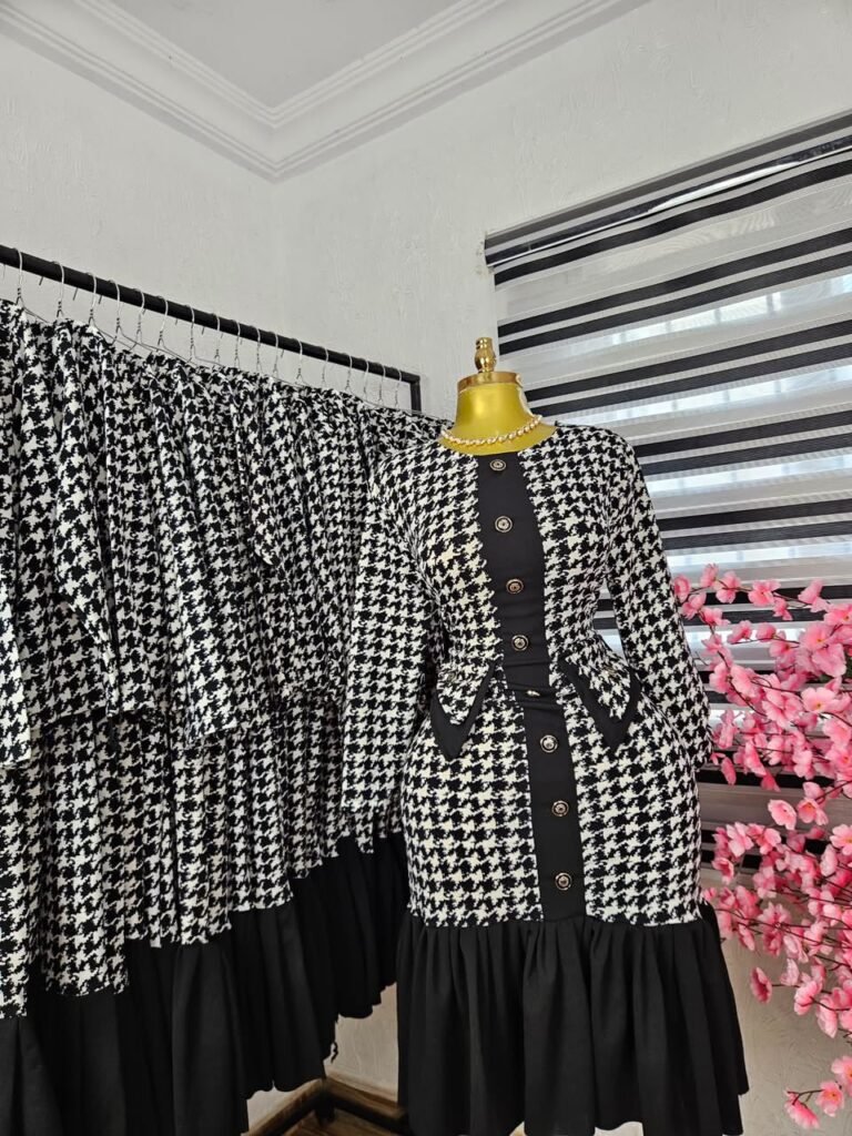 Women's Houndstooth Corporate Dress with Gold Buttons and Ruffle Hem — Pels Unisex Kloset