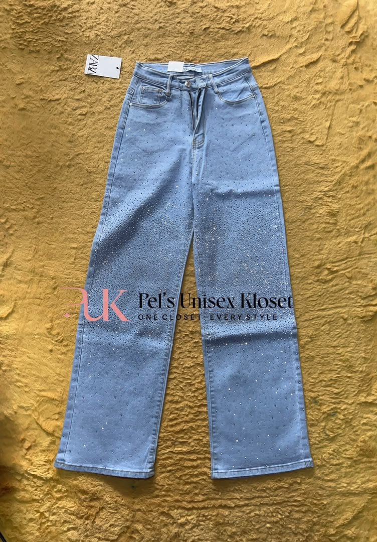 Women's Light Blue Baggy Jeans with All Over Rhinestones — Pels Unisex Kloset