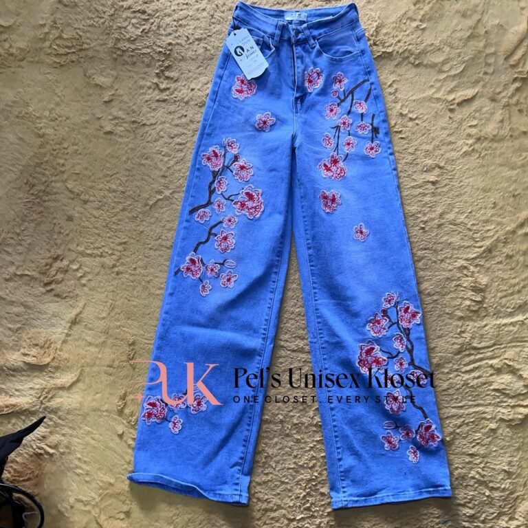 Women's Light Blue Baggy Jeans with Cherry Blossom Embroidery — Pels Unisex Kloset