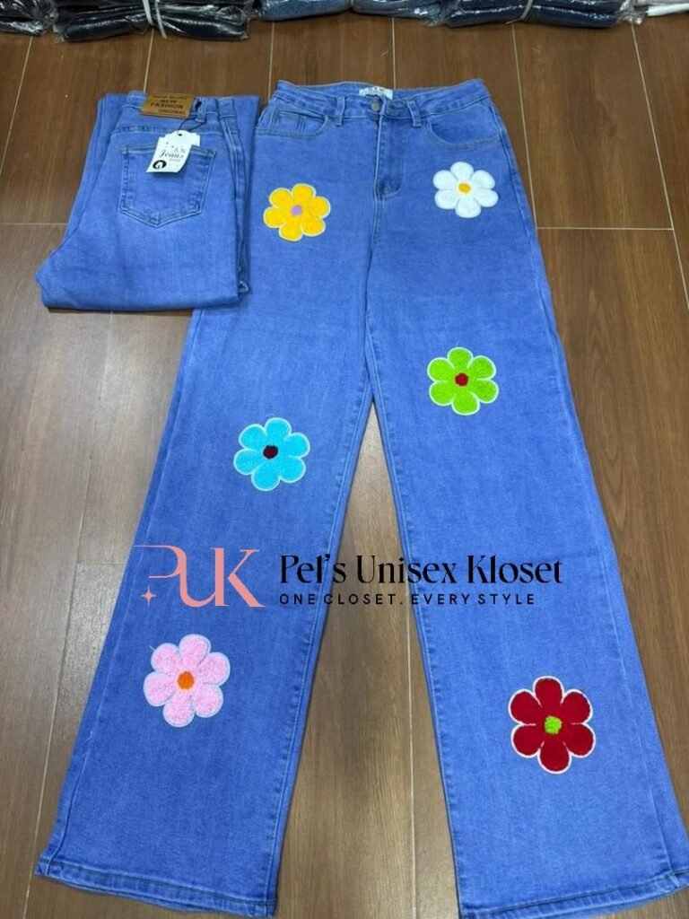 Women's Light Blue Baggy Jeans with Flower Patches — Pels Unisex Kloset