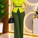 Women's Lime Peplum Top and Olive Wide Leg Trouser Set — Pels Unisex Kloset