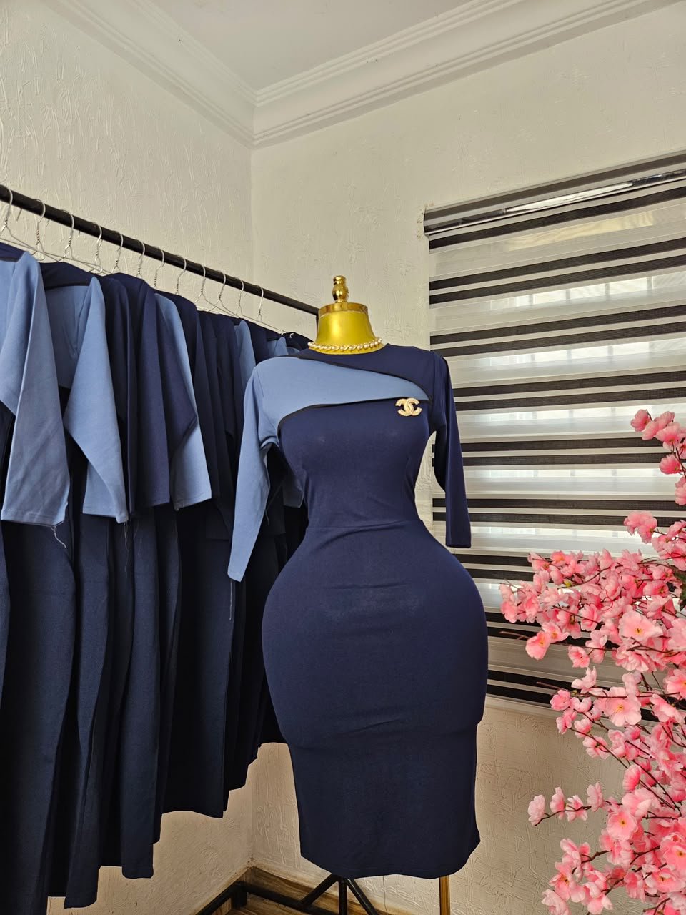puk b4 womens navy corporate dress with sky blue shoulder panel Women's Navy Corporate Dress with Sky Blue Shoulder Panel — Pels Unisex Kloset