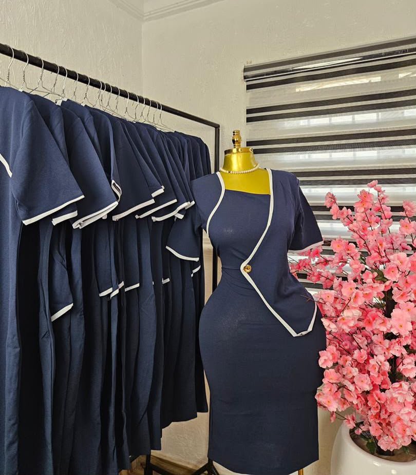 puk b4 womens navy corporate dress with white piping Women's Navy Corporate Dress with White Piping — Pels Unisex Kloset