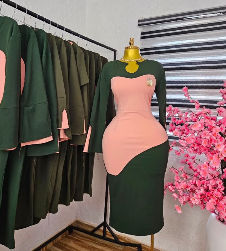 puk b4 womens olive green and peach colourblock corporate dress olive green and peach Women's Olive Green and Peach Colourblock Corporate Dress in Olive Green and Peach — Pels Unisex Kloset