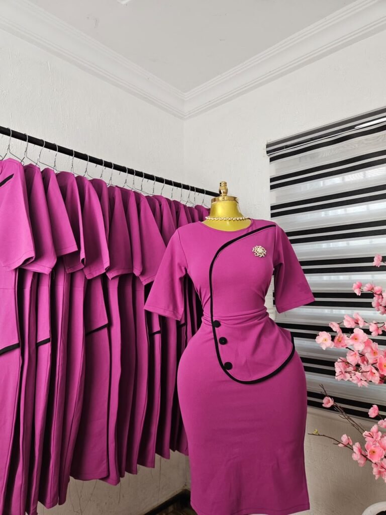 Women's Orchid Corporate Dress with Black Piping and Peplum — Pels Unisex Kloset