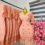 Women's Peach Corporate Dress with Lace Sleeves and Hem — Pels Unisex Kloset