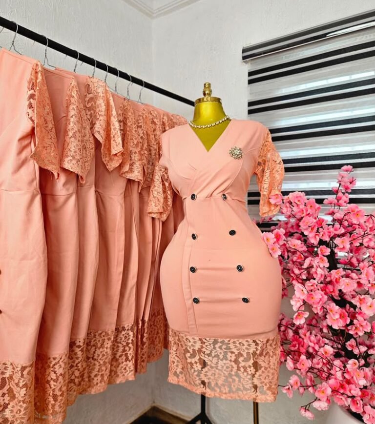 Women's Peach Corporate Dress with Lace Sleeves and Hem — Pels Unisex Kloset