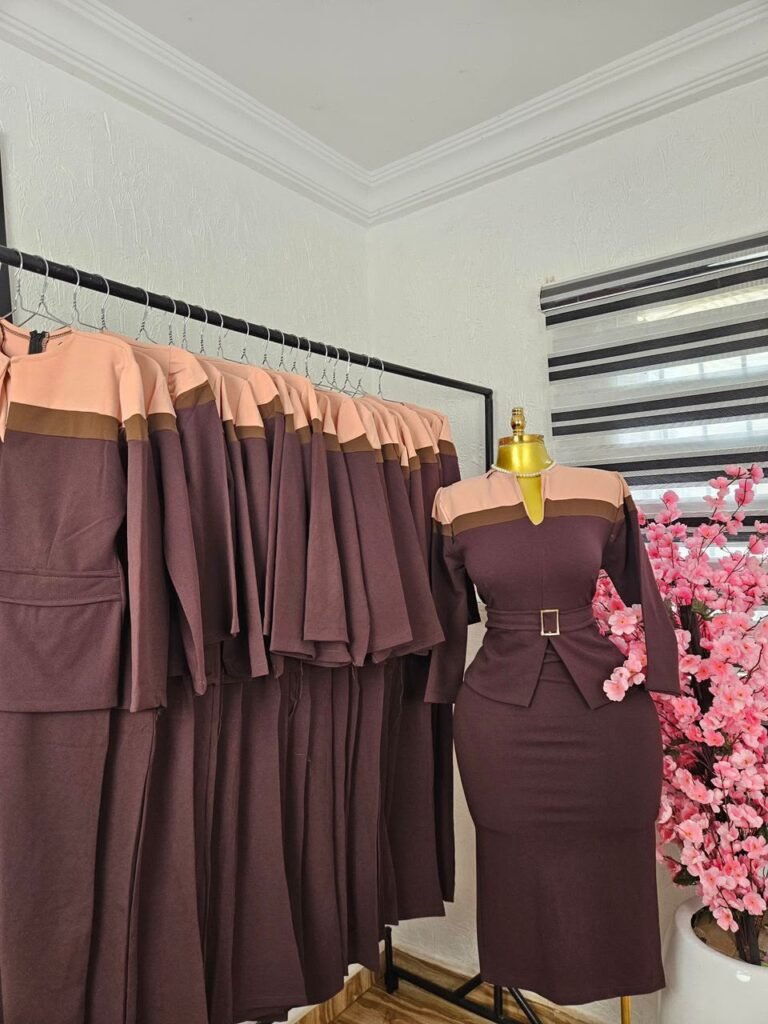 Women's Plum Corporate Dress with Peach Colourblock Yoke and Belt — Pels Unisex Kloset