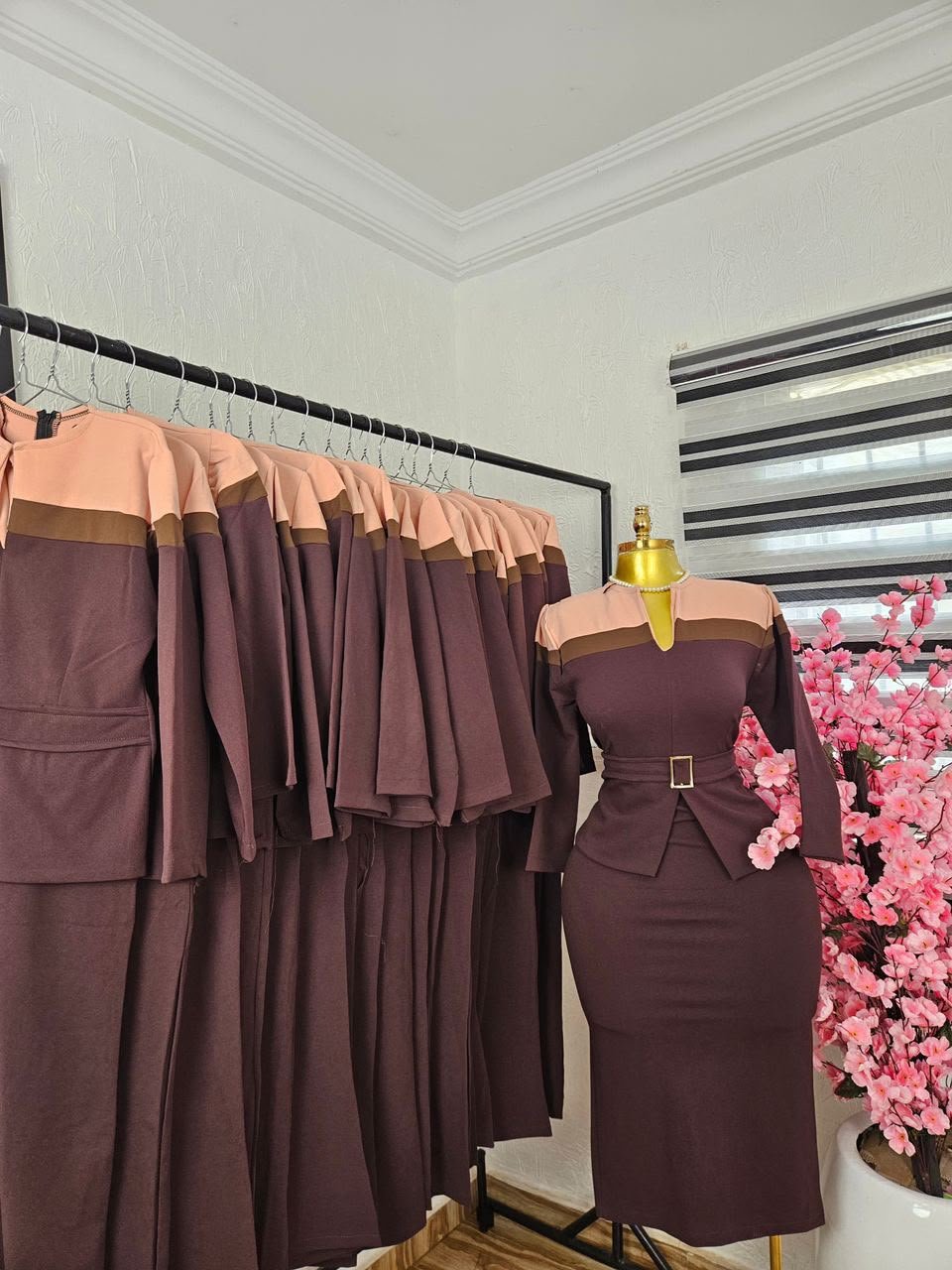 puk b4 womens plum corporate dress with peach colourblock yoke and Women's Plum Corporate Dress with Peach Colourblock Yoke and Belt — Pels Unisex Kloset