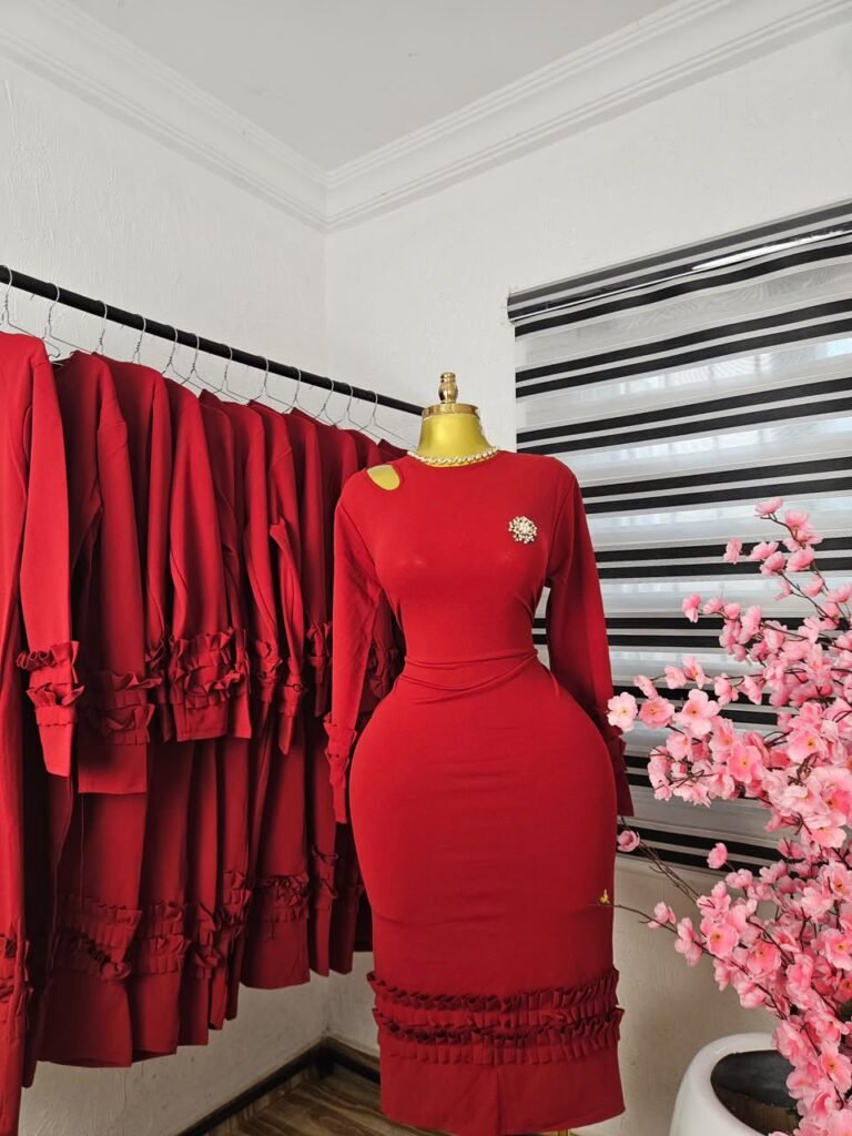 Women's Red Corporate Dress with Shoulder Cutout and Ruffle Hem — Pels Unisex Kloset