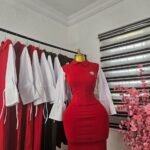 Women's Red Corporate Dress with White Bishop Sleeves — Pels Unisex Kloset