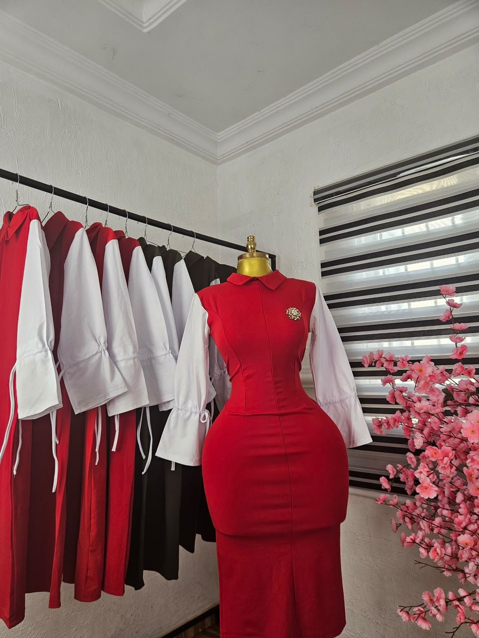 puk b4 womens red corporate dress with white bishop sleeves Women's Red Corporate Dress with White Bishop Sleeves — Pels Unisex Kloset