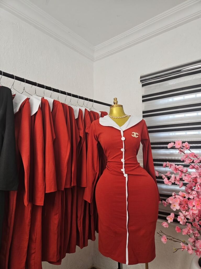 Women's Red Corporate Dress with White Sailor Collar — Pels Unisex Kloset