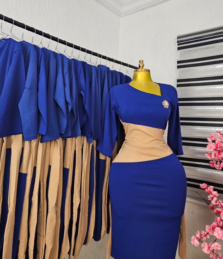 puk b4 womens royal blue and tan corporate dress with pearl studs Women's Royal Blue and Tan Corporate Dress with Pearl Studs — Pels Unisex Kloset