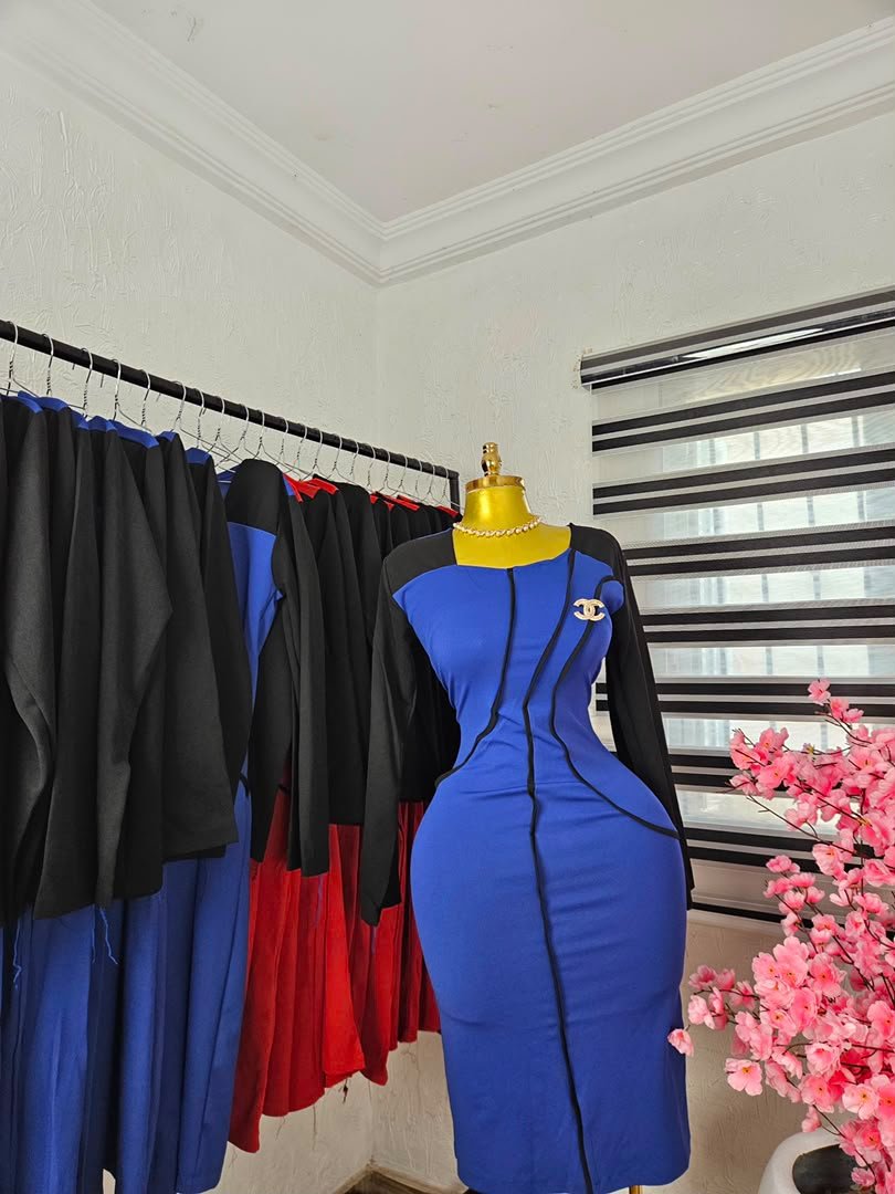 puk b4 womens royal blue corporate dress with black sleeves Women's Royal Blue Corporate Dress with Black Sleeves — Pels Unisex Kloset