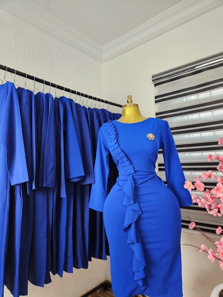 Women's Royal Blue Corporate Dress with Ruffle Cascade — Pels Unisex Kloset