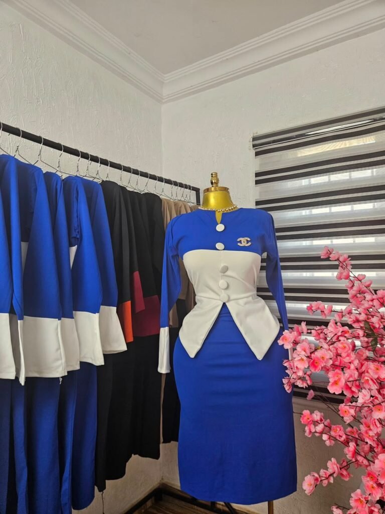 Women's Royal Blue Corporate Dress with White Peplum Bodice — Pels Unisex Kloset