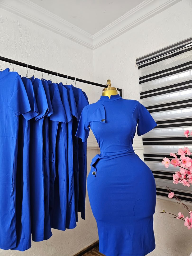 puk b4 womens royal blue mock neck corporate dress with side bow Women's Royal Blue Mock Neck Corporate Dress with Side Bow — Pels Unisex Kloset