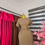 Women's Short-Sleeve Corporate Dress with Double Bow Waist in Khaki — Pels Unisex Kloset