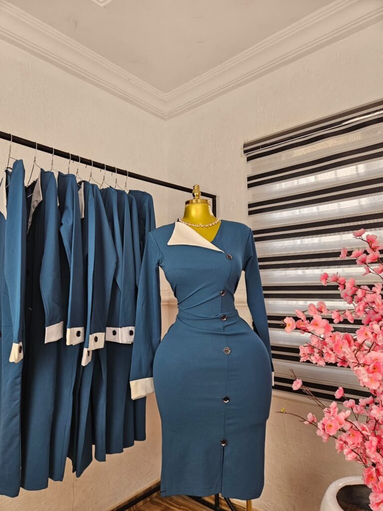 Women's Teal Corporate Dress with White Lapel Collar — Pels Unisex Kloset
