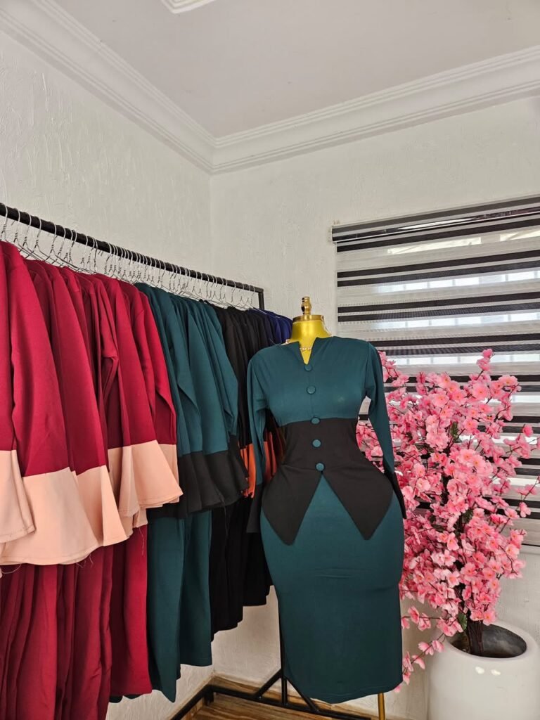 Women's Teal Green Corporate Dress with Black Peplum Panel — Pels Unisex Kloset