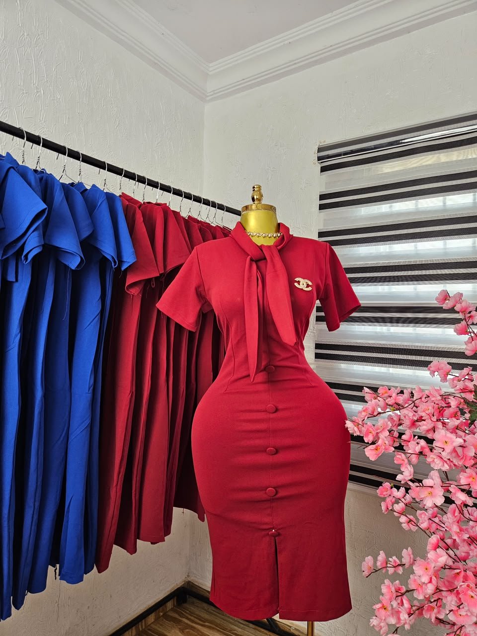 puk b4 womens wine corporate dress with tie neck and buttons Women's Wine Corporate Dress with Tie Neck and Buttons — Pels Unisex Kloset