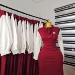 Women's Wine Corporate Dress with White Sleeves and Tie Neck — Pels Unisex Kloset