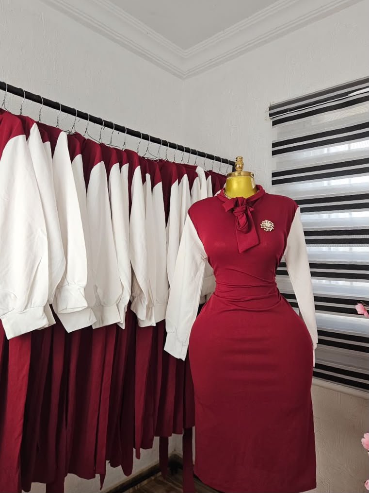 Women's Wine Corporate Dress with White Sleeves and Tie Neck — Pels Unisex Kloset
